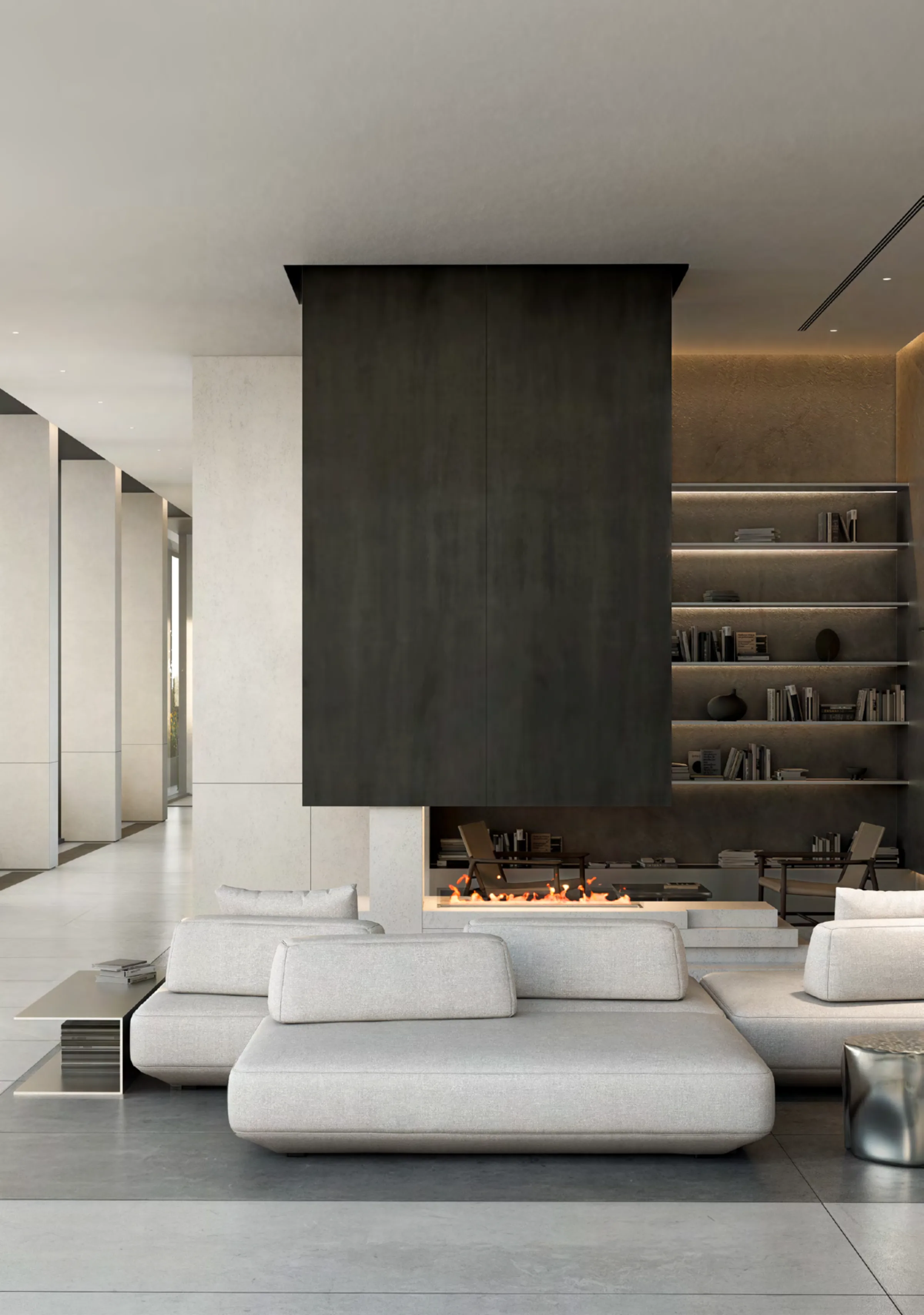 Гостиная с камином и библиотекой в интерьере от DDD Architects